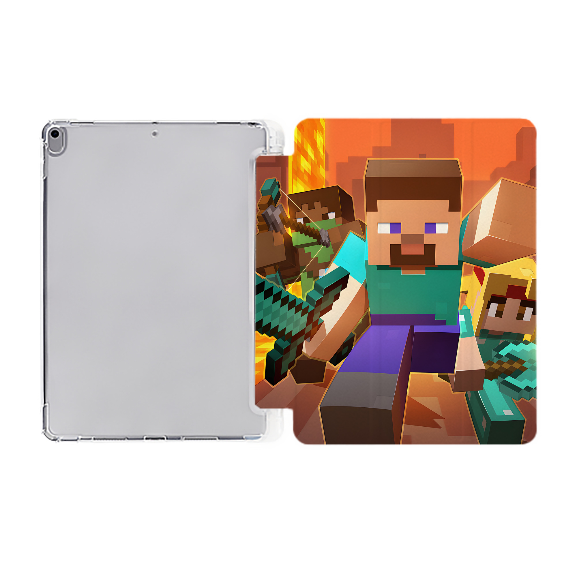 （画像用） マインクラフト ブロックの世界 Minecraft MC Block world IPad ケース ペン収納付き 三つ折りスタンド PUレザー×シリコン 対応機種9.5/10.5/10.9インチ